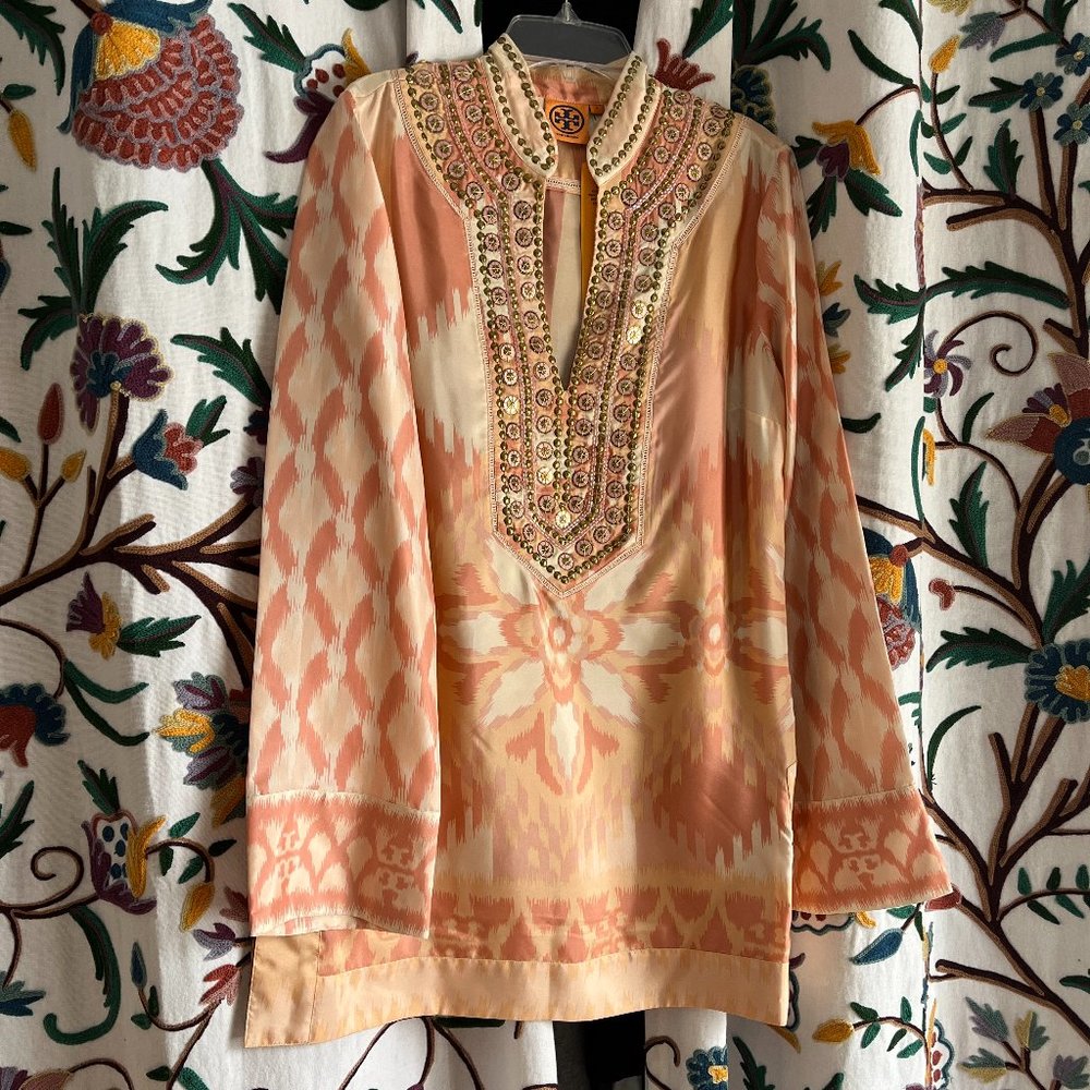 ✨NWT! Tory Burch Indio Border Iveta Silk Tunic in Pink Grapefruit  - Size 8